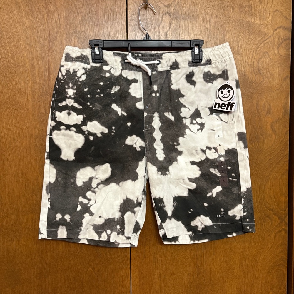 Neff Logo Black White Tie Dye Drawstring Twill Shorts Men's Size Large